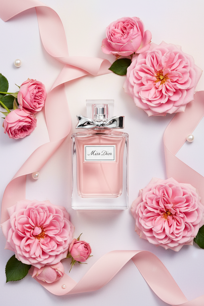 Miss Dior perfume bottle with roses